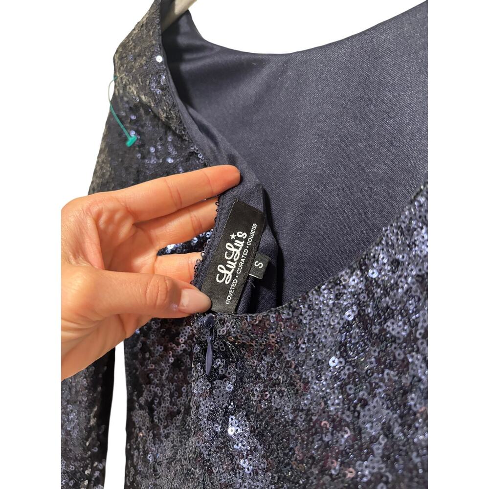 Lulus Women's Navy Blue Sequin Mini Cocktail Dress 3/4 Sleeve Size S - Picture 8 of 8